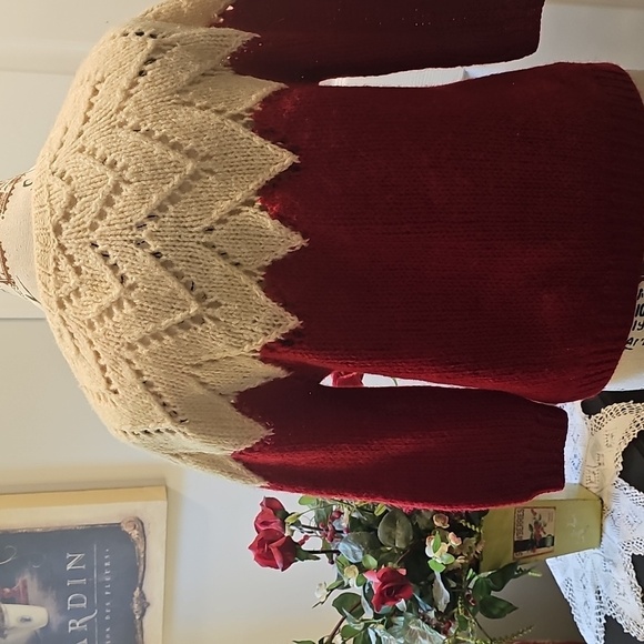 Vintage Red and Cream Button-Up Chevron Patterned Sweater - Picture 6 of 11